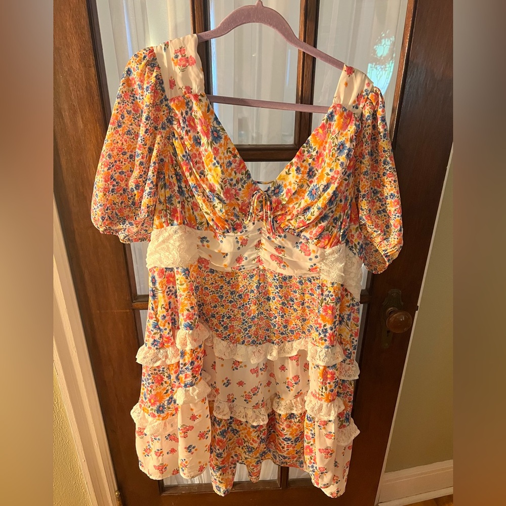 ARULA Floral Mini Dress with White and Pink Accents